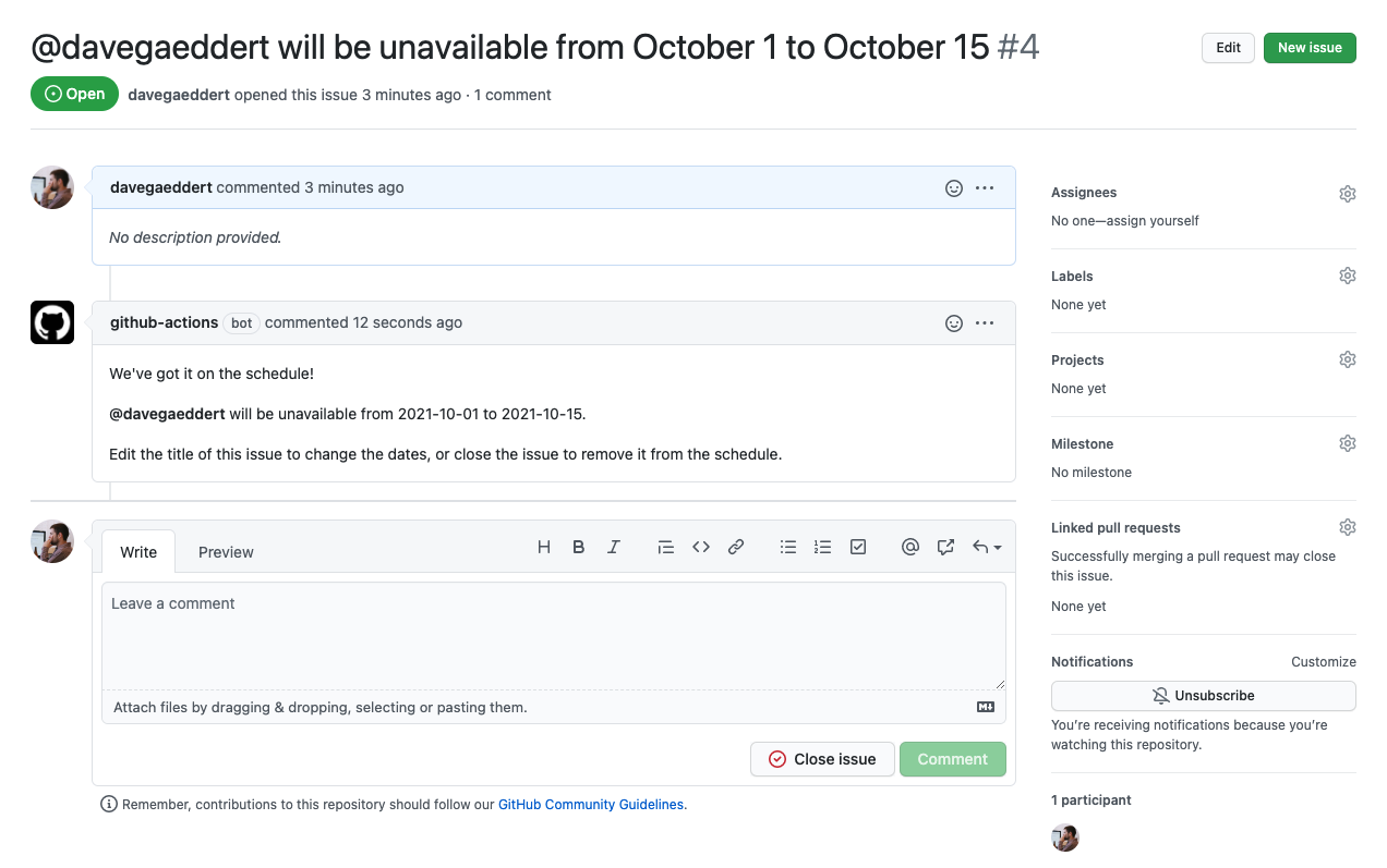 Managing code reviewer availability through GitHub Issues