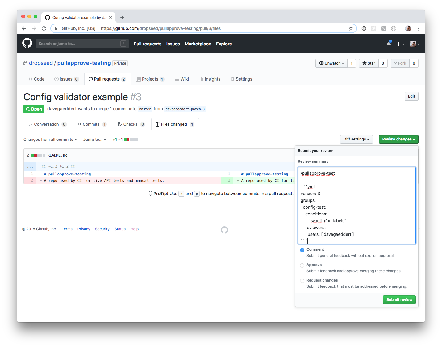 PullApprove config test command